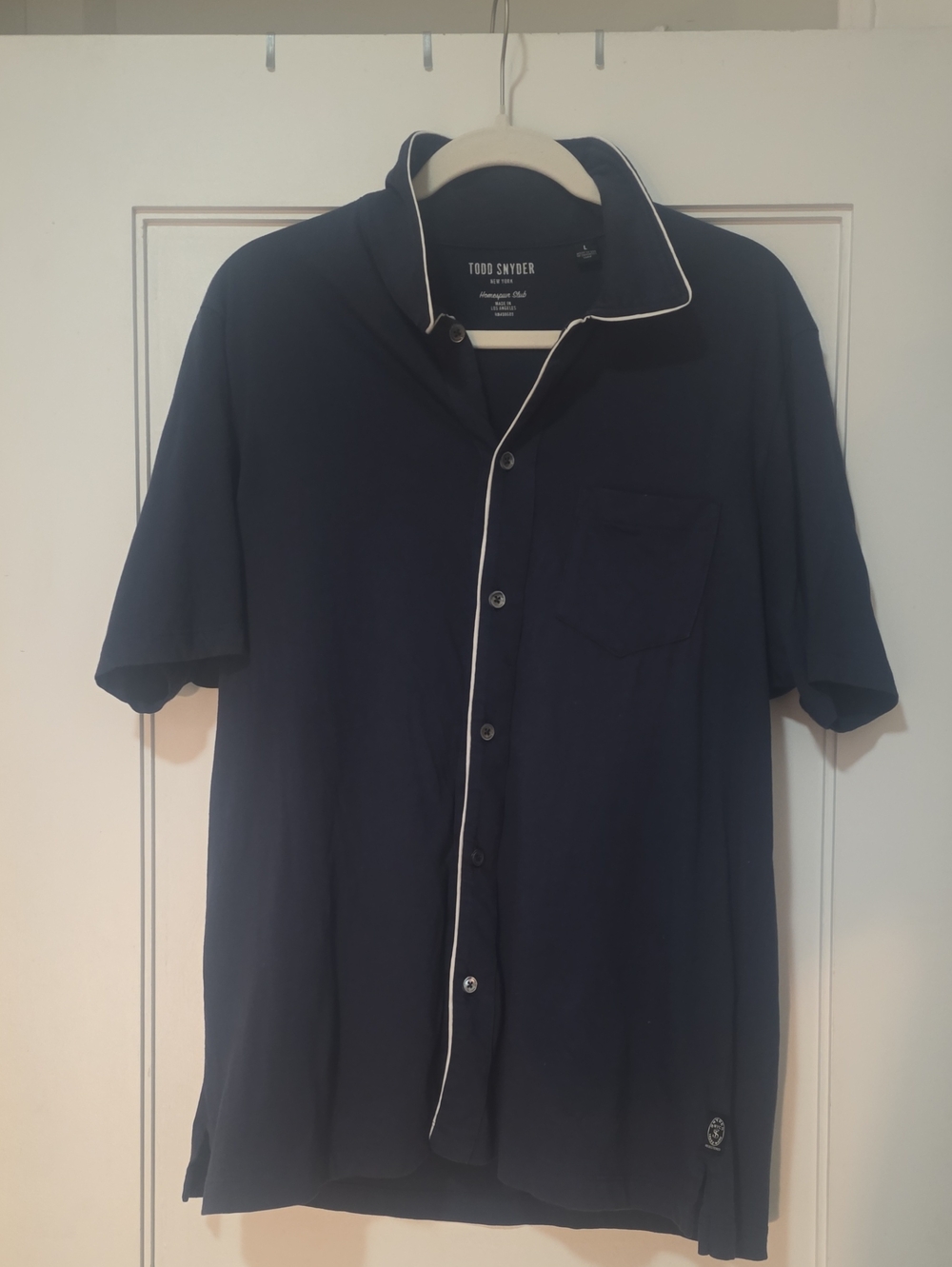 Todd Snyder Navy Short Sleeve Button-Down Shirt with White Piping